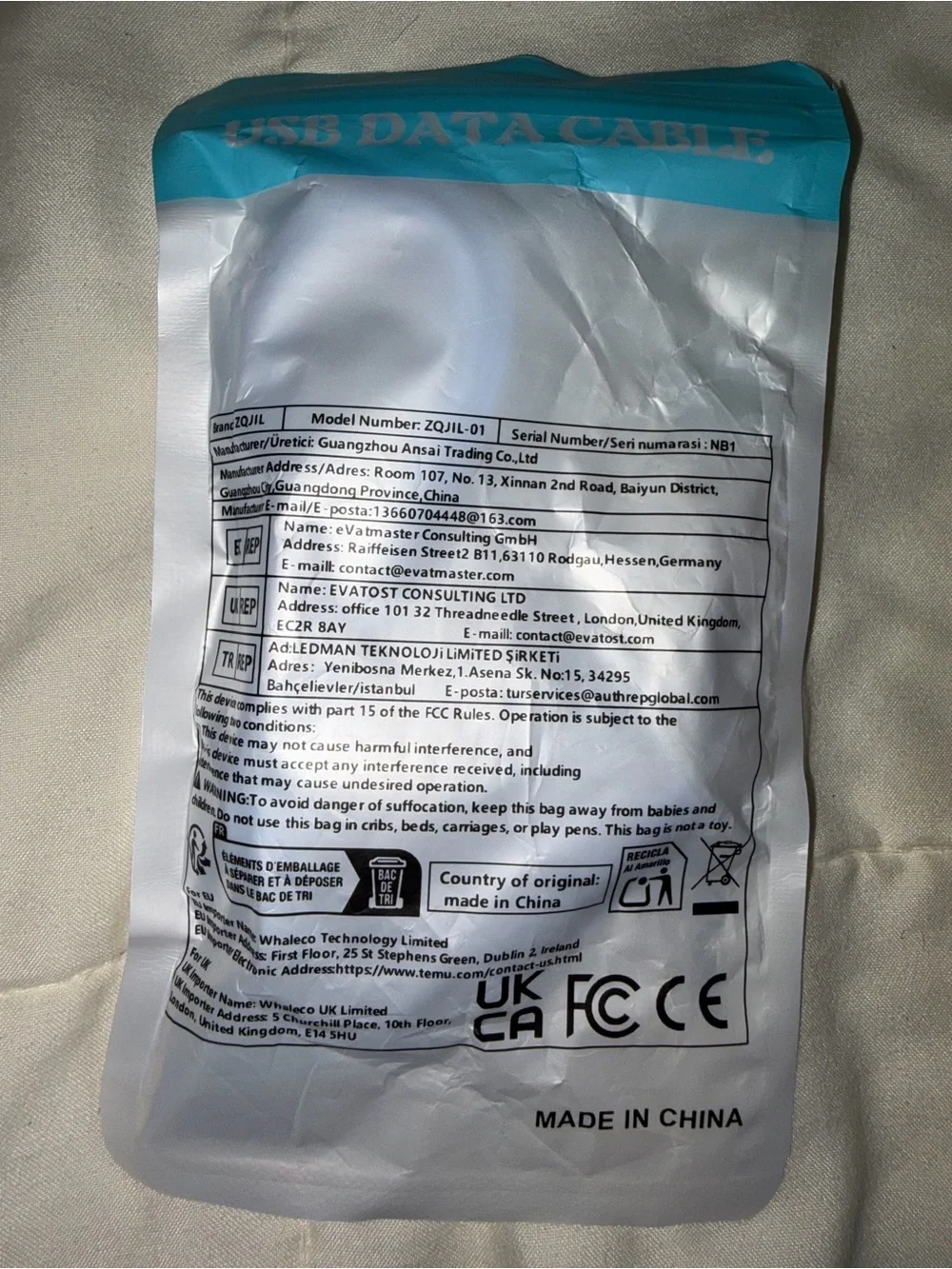 Generic USB Charging & Data Cable - Light Blue 3feet